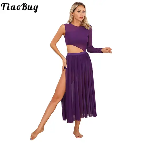 Vestido de baile lírico moderno para mujer, leotardo de gimnasia de Ballet, un hombro, malla transparente dividida, Ropa de baile para actuaciones en escenario