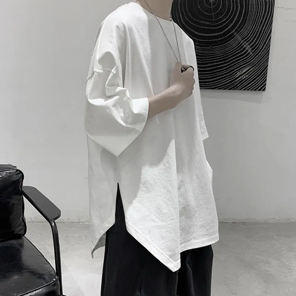 남성용 오버사이즈 티셔츠, 단색 라운드 넥, 느슨한 측면 분할 티셔츠, 하라주쿠 반팔 티, 심플한 데일리 티, 여름 