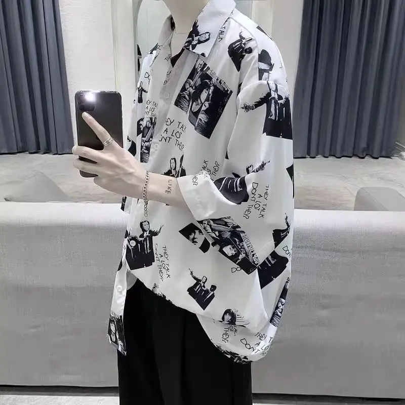 2023 Men\'s Clothing Turn-down Collar Loose Printing Button Elbow Sleeve Thin Spring Summer Streetwear Man Casual Korean Shirts