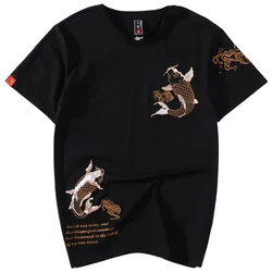 T Shirt Men Chinese Embroidery Cotton T Shirt Men Short Sleeve Fish Casual Loose Breathable Summer Top Harajuku Streetwear Male