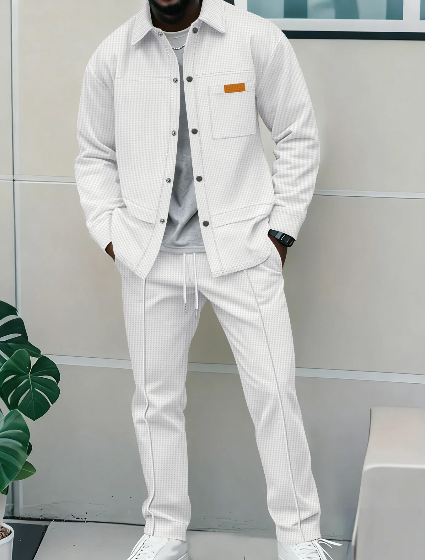 

2026 New Men's Waffle Two-piece Set, Lapel Button Shirt & Drawstring Pants, All-season Loose Casual Sports Outfit