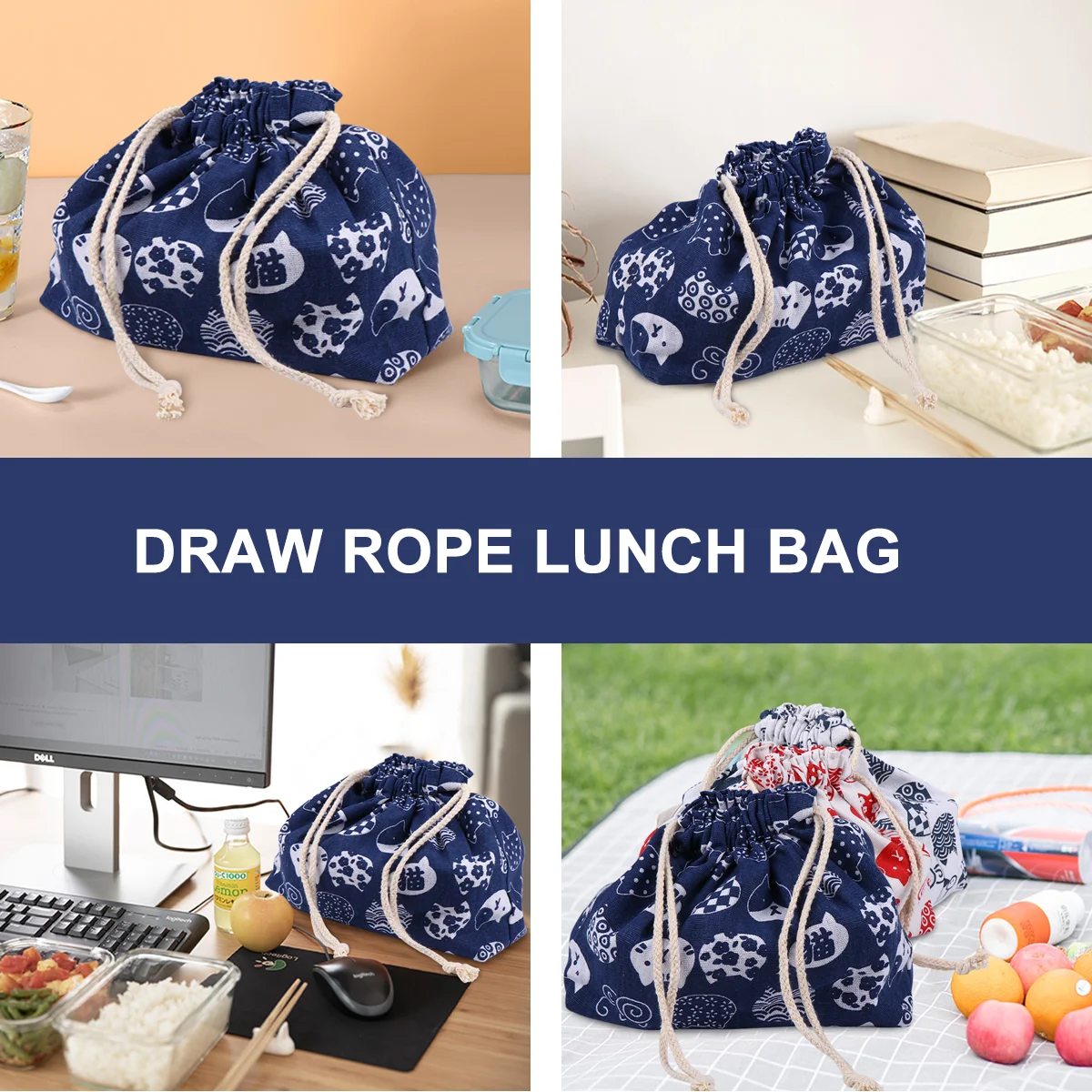 Thickened Lunch Box Bag Japanese Style Drawstring With Cotton And Hemp Drawstring Portable Children Travel Tableware Storage Bag