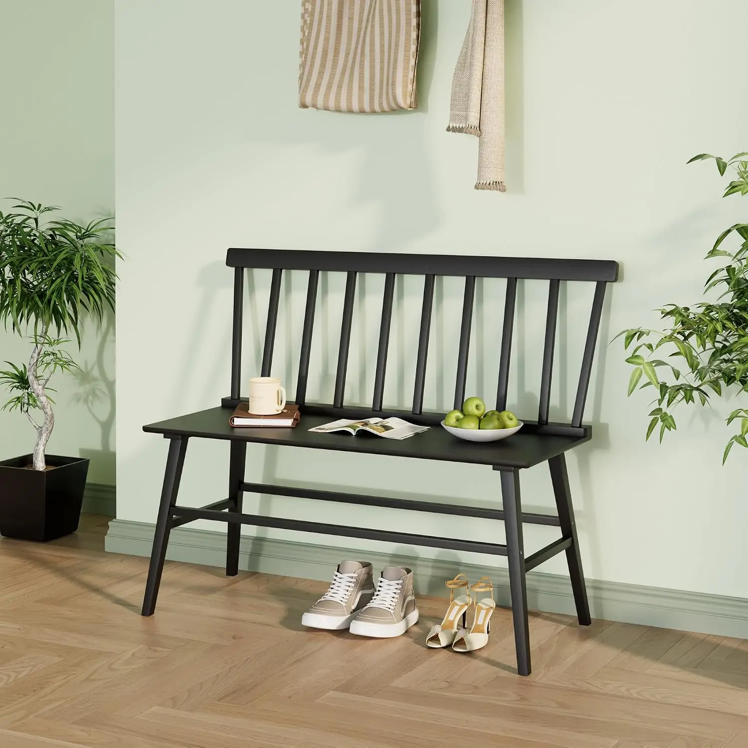 APRTAT Bamboo Entryway Bench, Dining Bench with Spindle Back (Black) | Natural Bamboo & H-Shaped Support, Spindle Back, Ideal fo