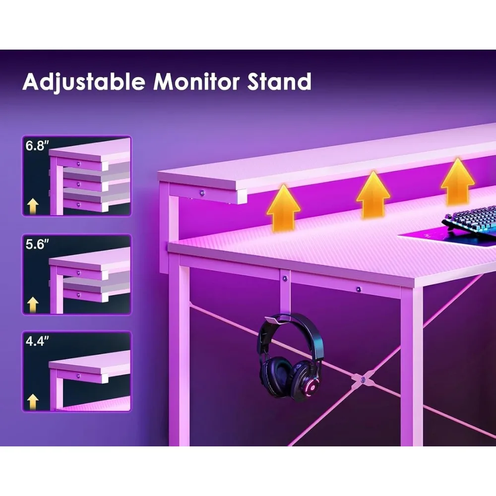 Mesa de jogos pequena de 40 polegadas com armazenamento e luzes LED, mesa de computador com prateleira, mesa de jogador reversível com ajustável