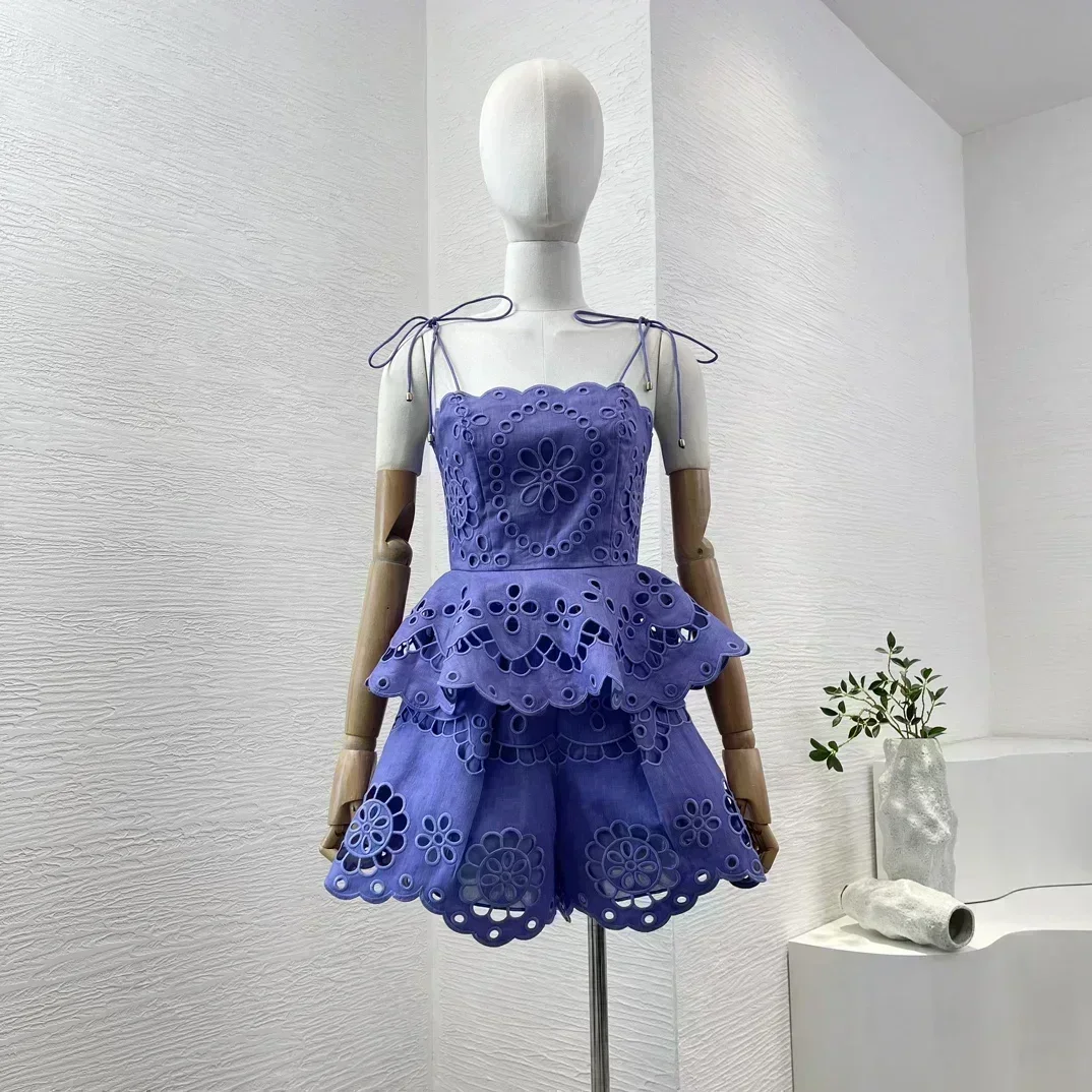 Linen Summer Violet Purple Women New High Quality Sleeveless Embroidery Hollow Out Shell Camisole Tops and Belted Shorts Set