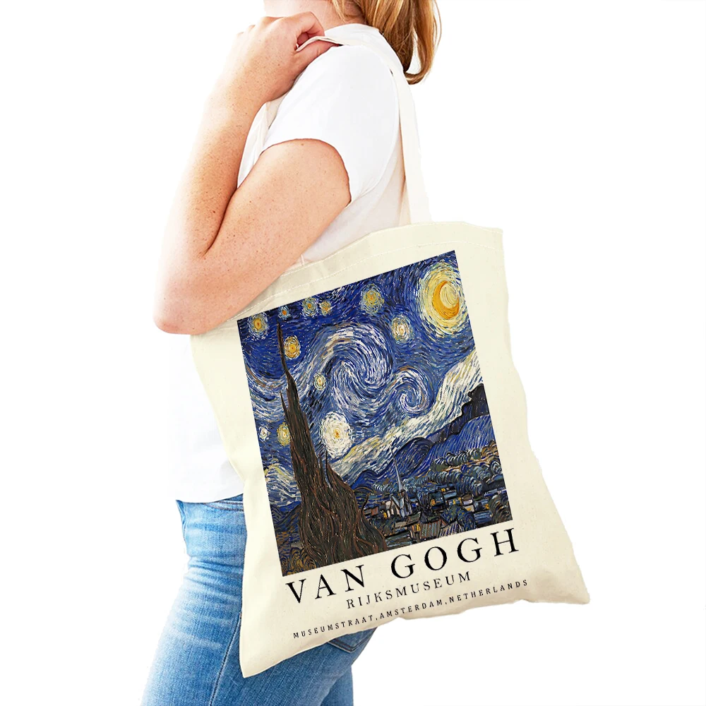 Bolso de compras de Van Gogh Starry ky Lady para mujer, bolsa de compras informal con doble estampado abstracto, bolso de mano de lona reutilizable, bolso de viaje para niña