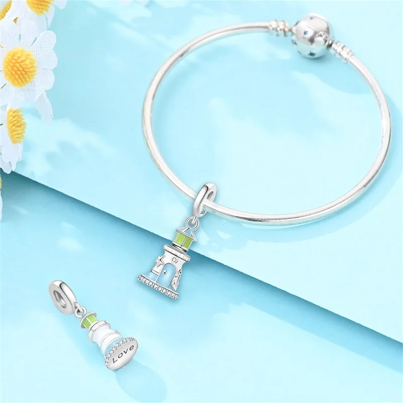 925 Sterling Silver Blue Lighthouse Luminous Charms Pendant For Women Fit Original Bracelet DIY Birthday Party Jewelry Gifts