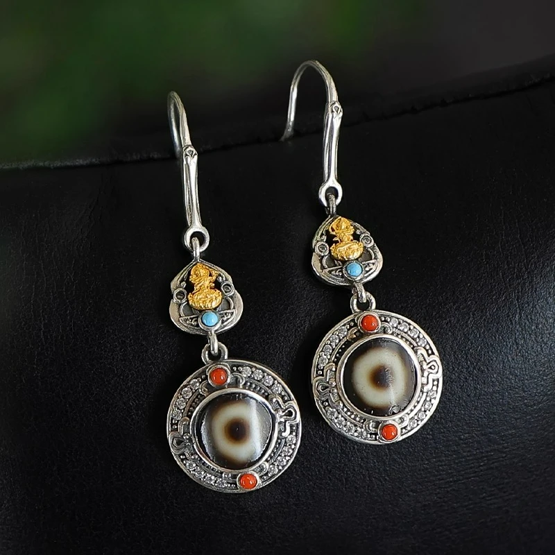 Manjushri & Single Eye Dzi Earrings Tibetan Ethnic, S925 Silver Agate Literary Artistic Jewelry