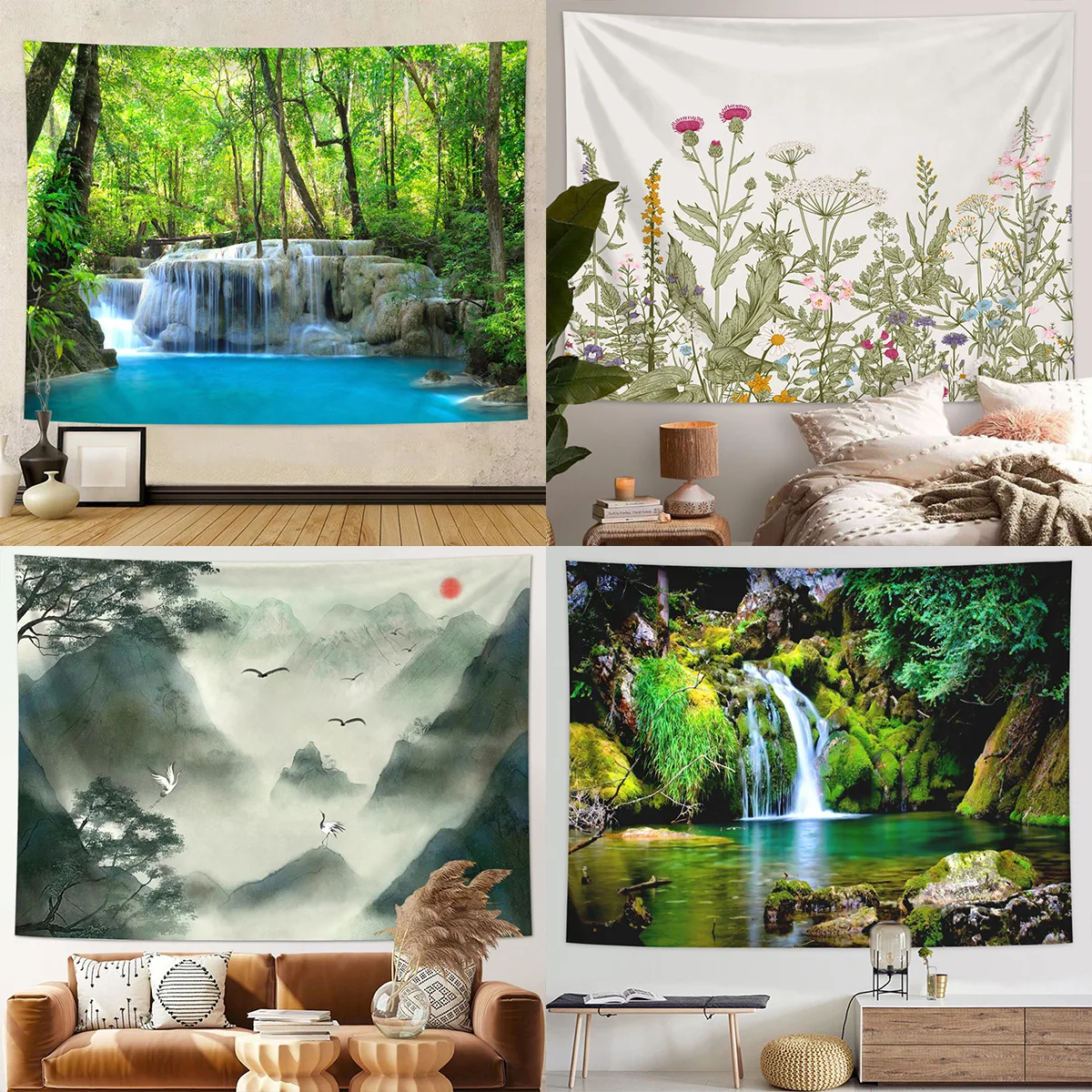 Forest Waterfall Landscape Tapestry Polyester Wall Hanging Backdrop for Home Decor Party Live Streaming Photography Background