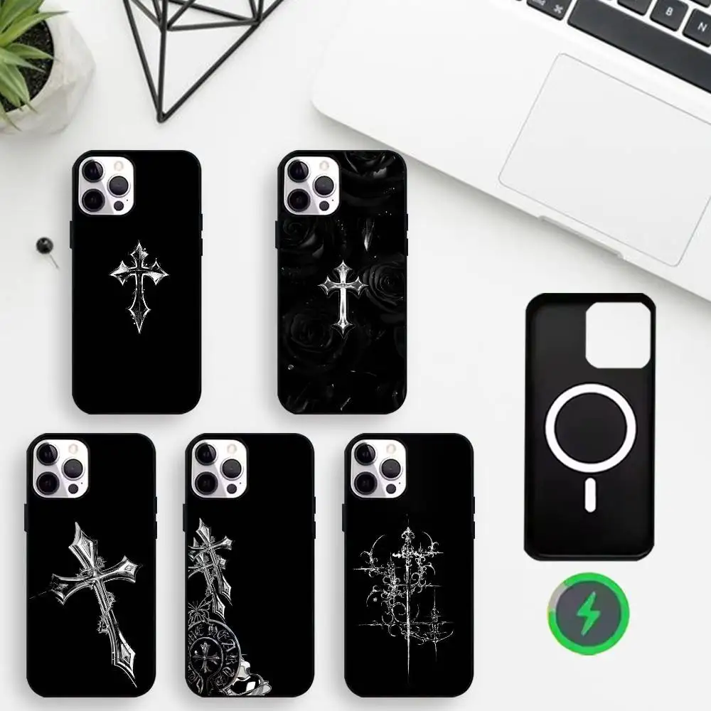 

Black and white cross Phone Case For iPhone17,16,15,14,13,12,11 Max Black Wireless Charging Protecitve Cover