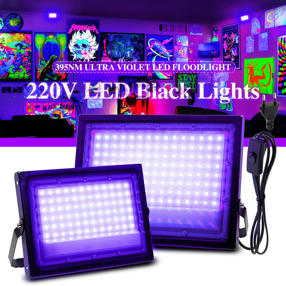 395nm LED UV Flood Light 50W 100W Stage Black Light AC220V With EU Plug Outdoor Waterproof UV Fluorescent Party Stage Backlight
