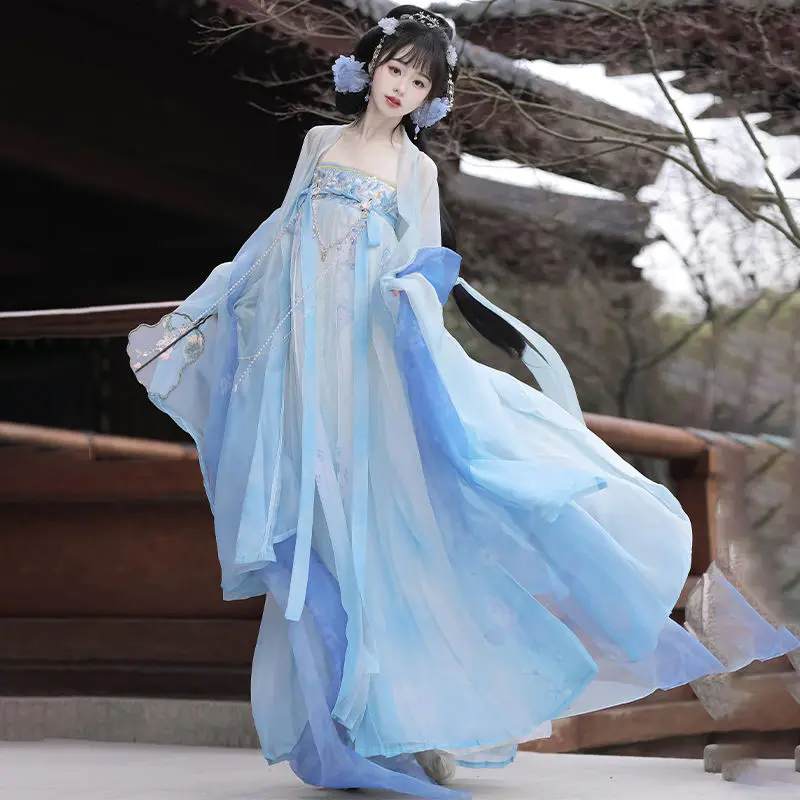 Gonna pettorale femminile della dinastia Hanfu cinese Tang, camicia a maniche grandi con ricamo pesante, set Hanfu fresco da fata cosplay