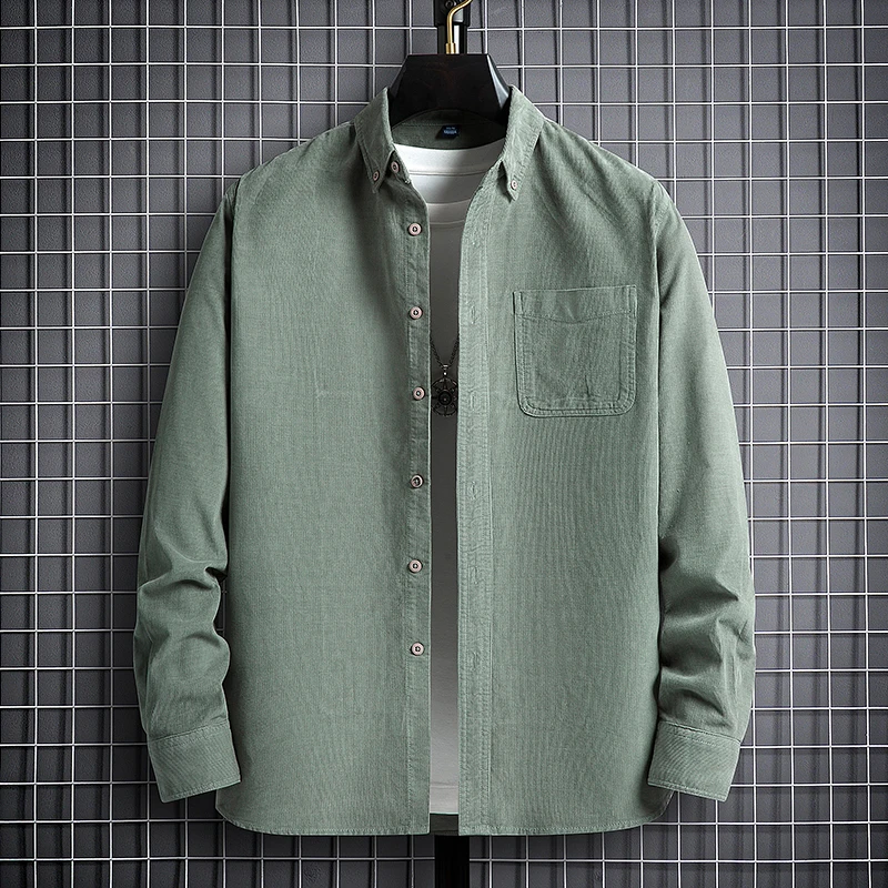 New in shirt fashion korean popular long-sleeve shirts for men slim fit formal plain shirt 100%cotton corduroy designer clothes