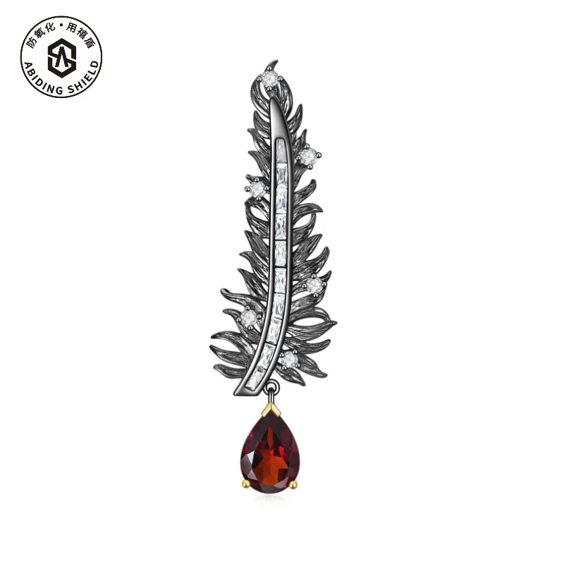 Luxury brand genuine real jewels Feather designer natural color treasure S925 silver inlaid garnet Brooch Pendant high quality