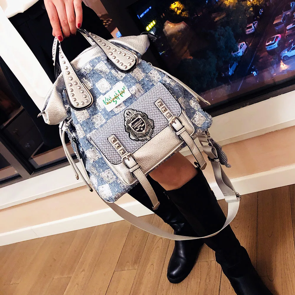 Brand Luxury Women Handbag New Fashion Sequins Designer Crossbody Shoulder Bag Vintage Rivet Large Capacity Tote Bags Sac A Main