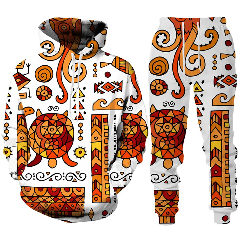 Retro African Ethnic Style Hoodie 2Pcs Sets 3D Print Men/Women Hooded Sweatshirt Pant Sets Summer Autumn Pullover Couple Outfits