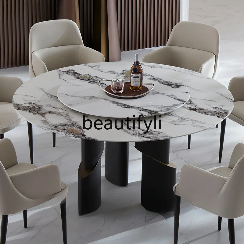 

Natural marble dining table with turntable luxury round modern simple high-end Italian light luxury