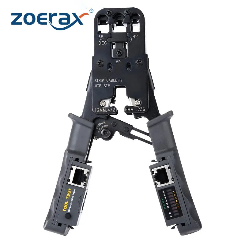 ZoeRax [All in One Cable Tester Crimper] per RJ45 RJ12 RJ11 spine modulari connettori di rete Strip Cut Test e Crimp Tool