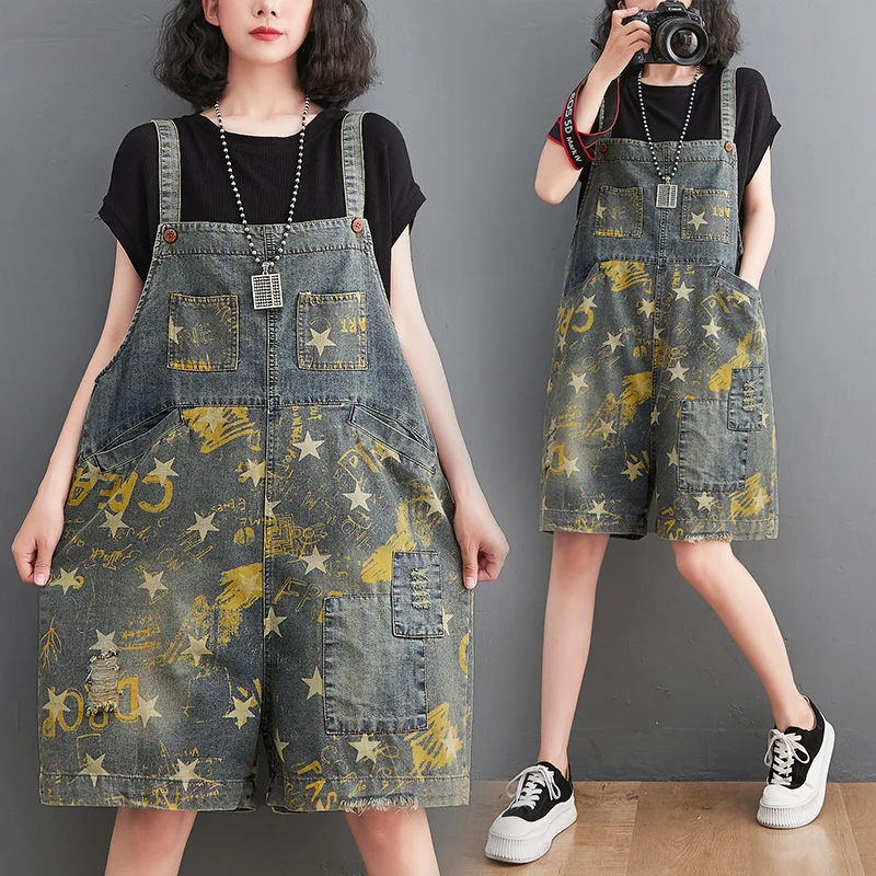 

Retro Hong Kong Sle Printed Denim Overalls Women's Summer plus Size Loose Wide Leg One-Piece orts High Waist Worn out
