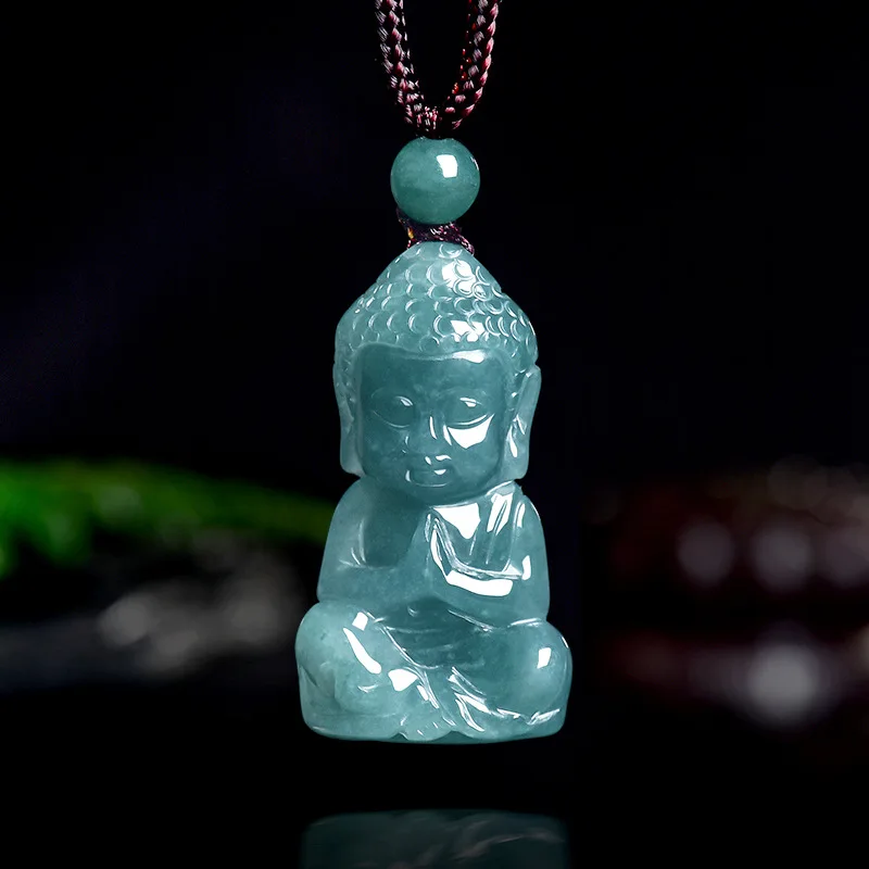 Natural Real Emerald Jade Blue Water Baby Buddha Pendant Necklace Carved Jadeite Jewelry Amulet Gifts for Women Men Certificate