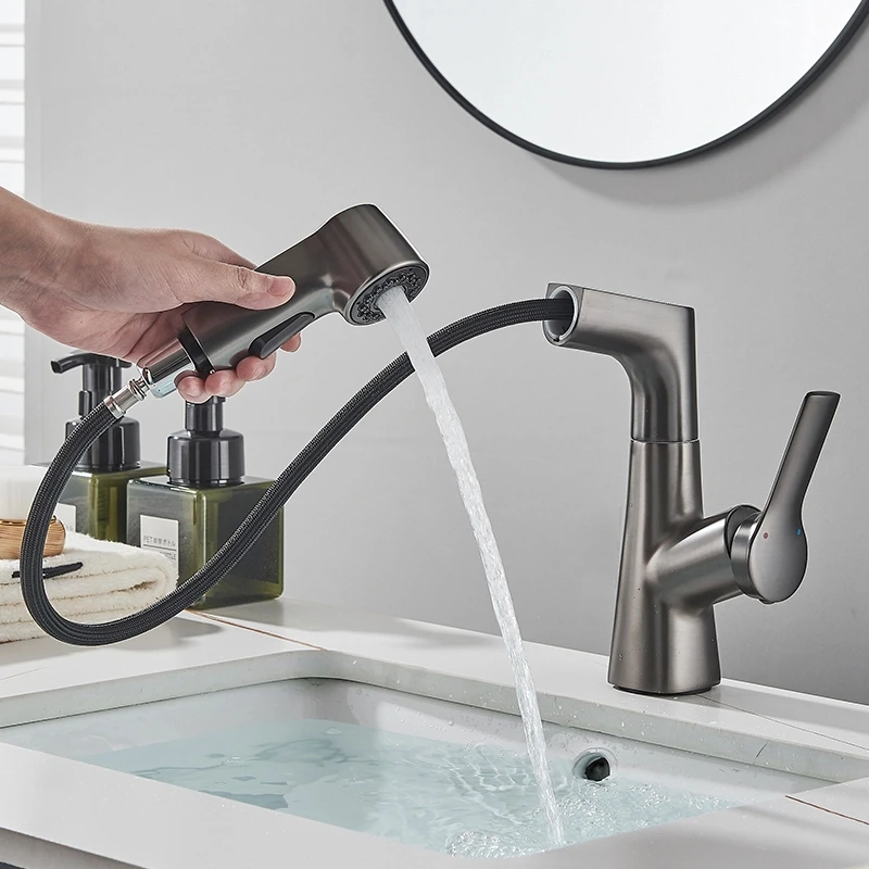 

Pull Out Lift Basin Faucet 360° Rotated Metal Bathroom Basin Hot Cold Water Mixer Tap, Flexible Pull Out Dual Modes Sprayer Taps