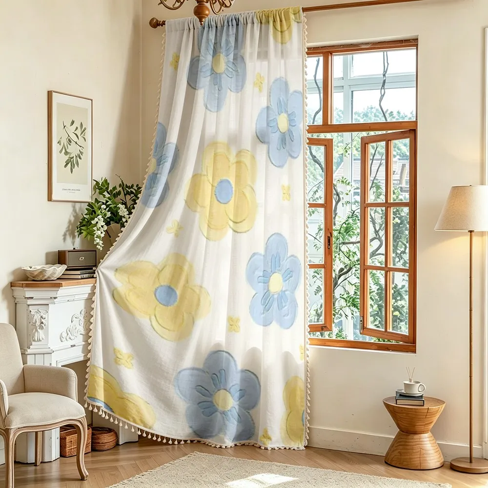 1PC Cartoon Tassel Sheer Curtains, Blue Yellow Hand Drawn Flower, Digital Print, Linen Polyester, Bedroom Living Room Home Decor