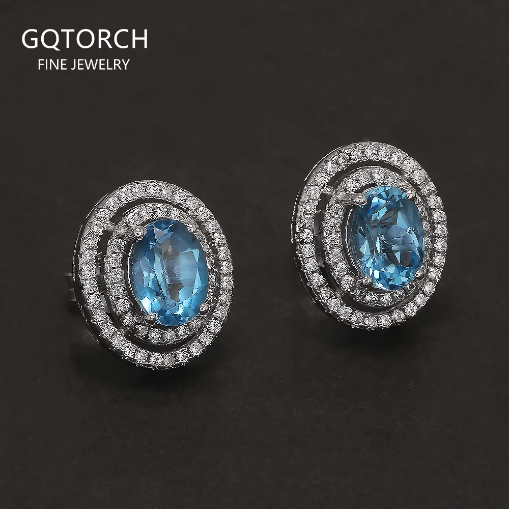 

925 Sterling Silver Topaz Stud Earrings for Women Micro Inlaid Zircon Oval Shaped Luxury Elegant Wedding Jewelry Accessories