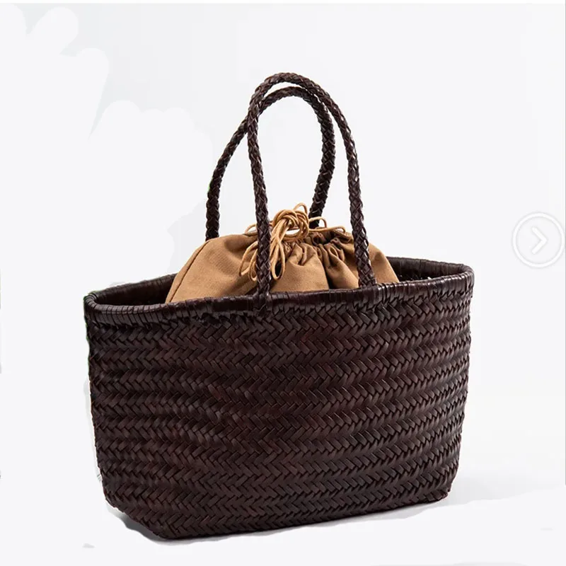 

100% Natural Cowhide Weave Handbags Hand Designer Genuine Leather Female Totes Vintage Women's Cowskin Lady Large Shopping Bags