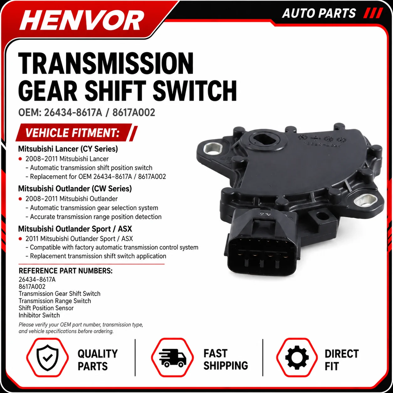 Transmission Gear Shift Switch OEM 26434-8617A / 002 For Mitsubishi Lancer 2008-2011 Outlander 2008-2011 ASX 2011