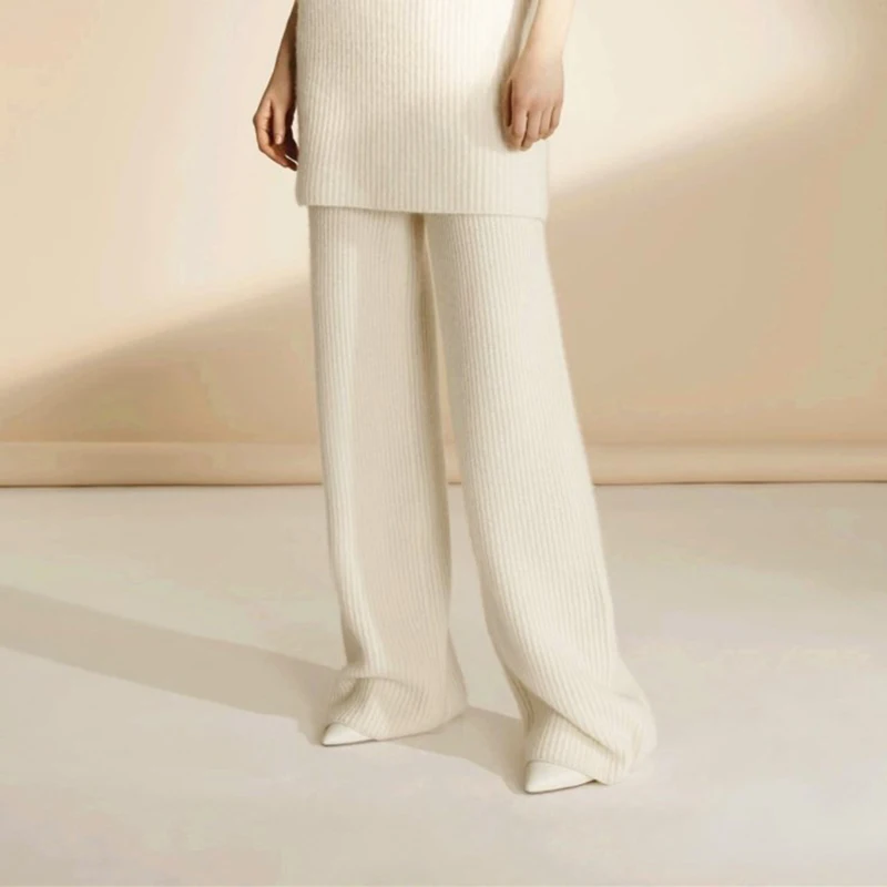 

Белые шерстяные вязаные брюки-палаццо женские с высокой талией, струящиеся, из пряжи, осенне-зимние, прямого кроя, длинные в пол