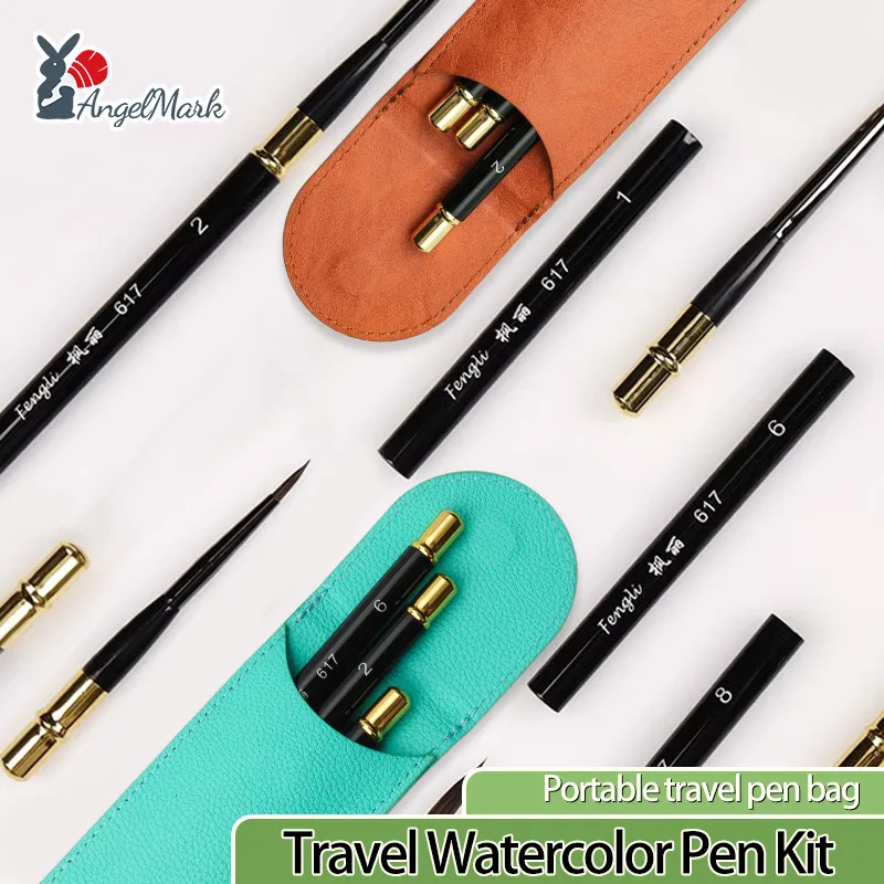 Drawing Liner Pens Set Watercolor Paint Brush Leather Pencil Case Portable Fine Tip for Students Sketching Tools Art Supplies