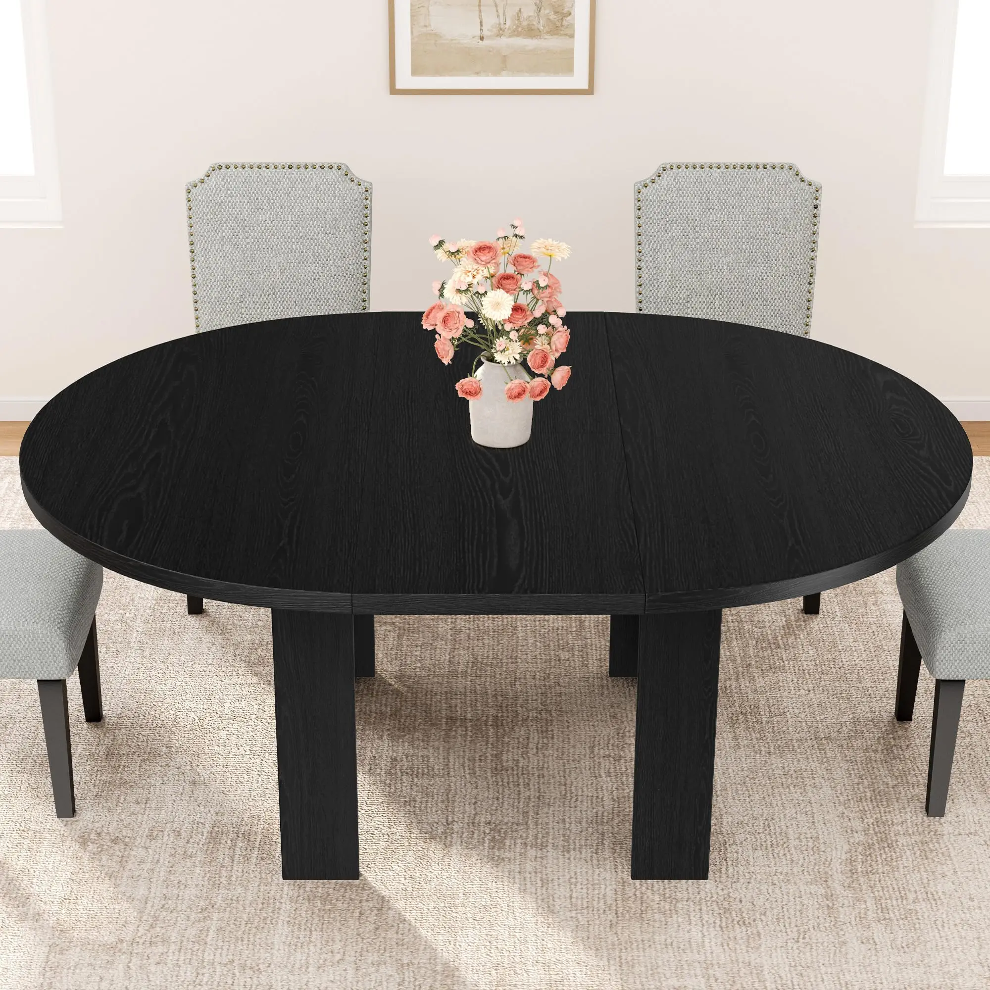 Extendable Round Dining Table, Farmhouse Wooden Expandable Kitchen Table with Built-In Leaf Storage, Rustic Oval Dining Table for Apartment, Office, Dinner Parties, or Home