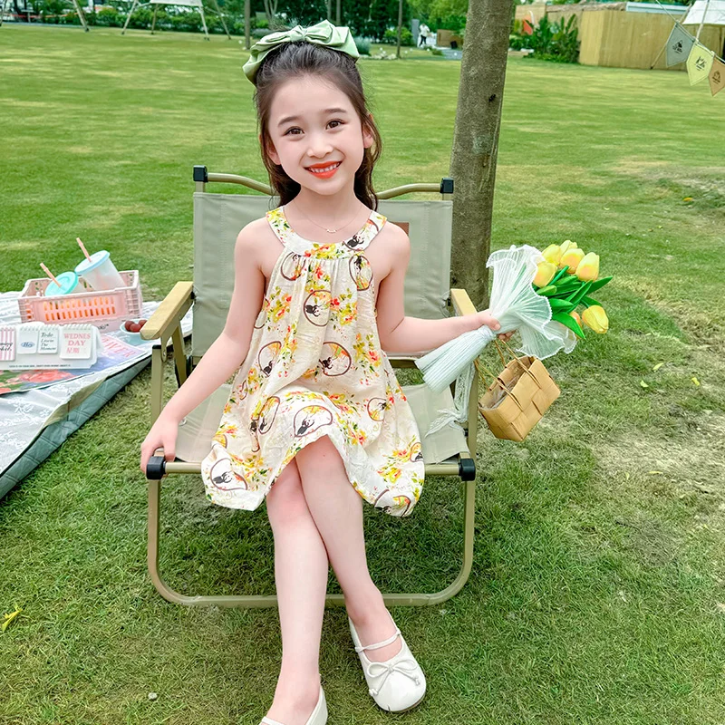 

Girl's neck hanging dress 2025 new sleeveless printed children's princess dress cute cartoon party round neck skirt