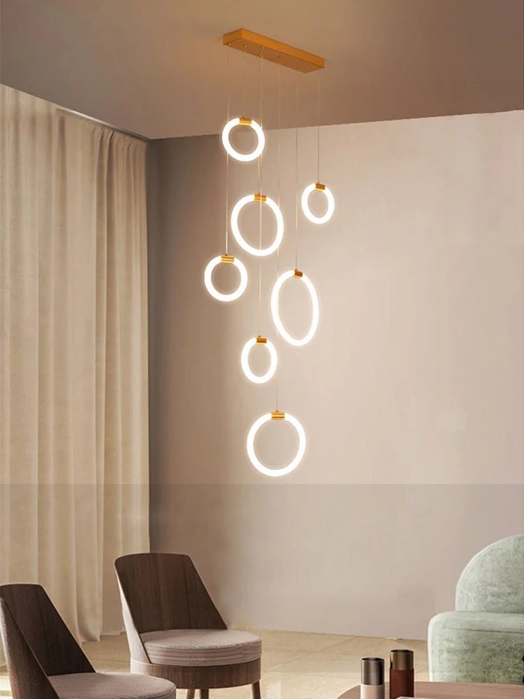 LED Modern Staircase Pendent Lamp Hanging Circular Living Room Chandelier Artistic Dining Room Decorative Light Indoor Lighting