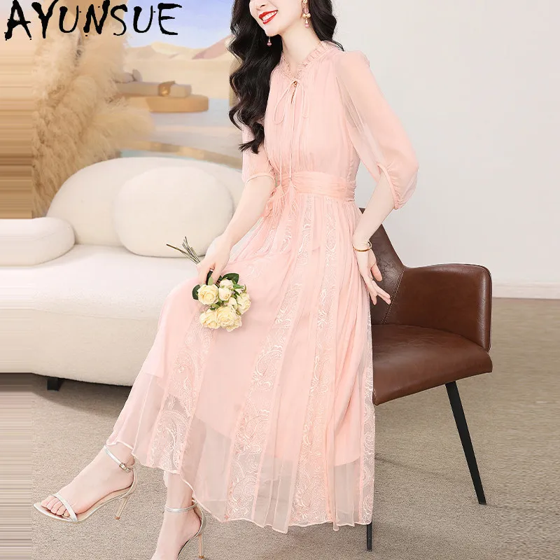 

AYUNSUE 100% Real Mulberry Silk Elegant Dress for Women 2026 Summer Woman Clothes Party Dresses Embroidery Vestidos De Mujer