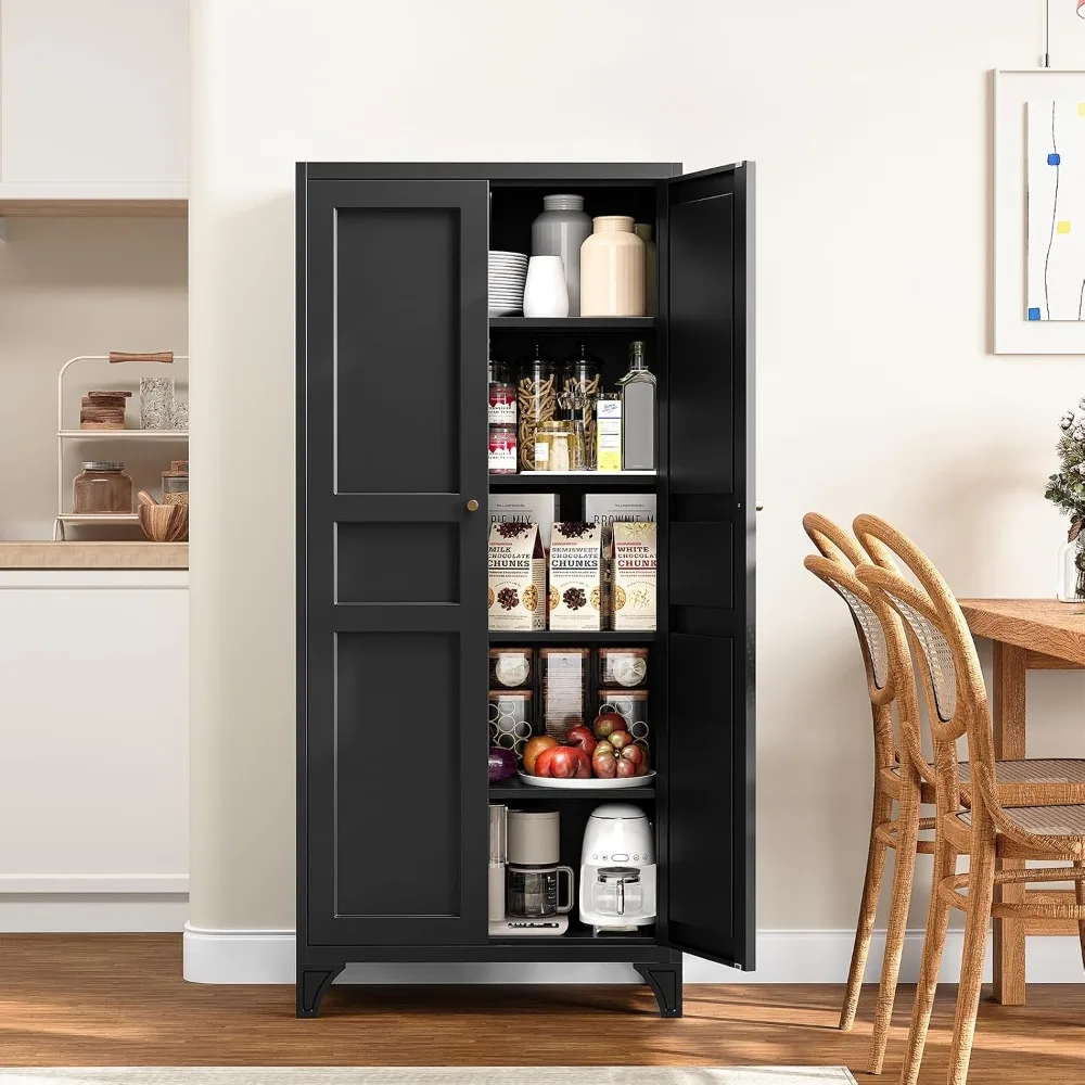 USA Stock Metal Pantry Cabinet with Doors Adjustable Shelves 61 Black Cupboard for Kitchen Home Hot Sale
