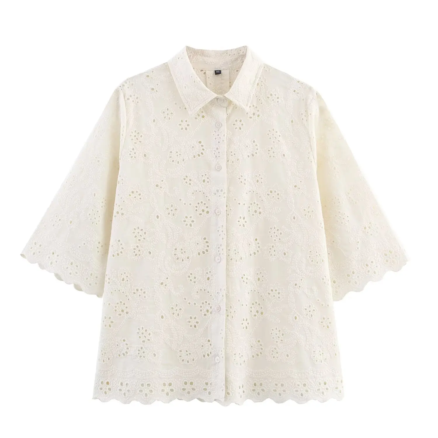 Dave&Di French Lazy Vacation Beige Shirt Cotton Embroidery Hollow Loose Summer Shirt Female Blouse Women Tops