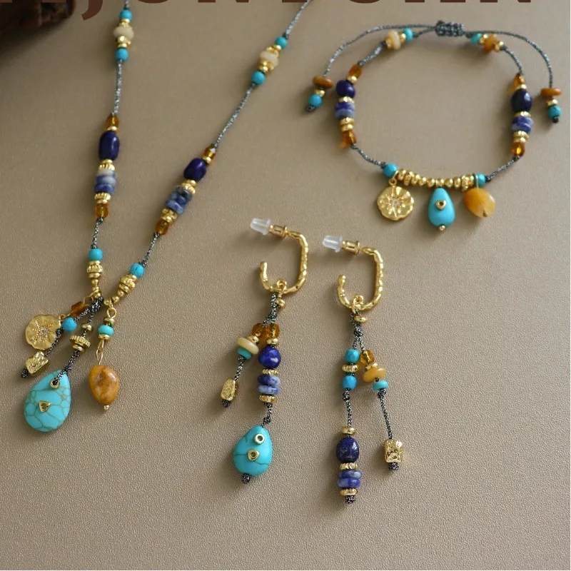 

Ethnic Style Retro Exquisite Tassel Topaz Turquoise Light Luxury Design Sense Coloured Glaze Medieval Asymmetric Earrings Sets