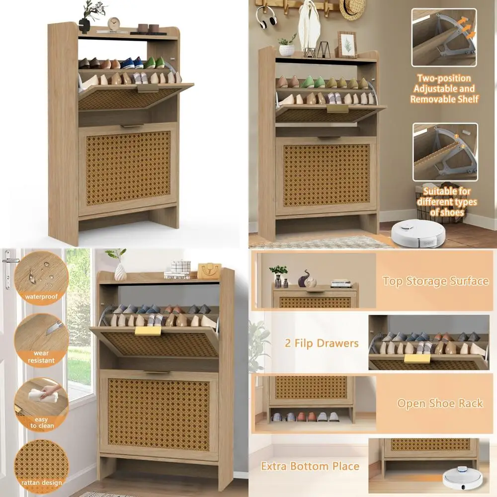 

Freestanding Narrow Shoe Organizer Rack with 2 Flip Drawers, Wood Legs, Entryway Storage Cabinet, Natural Finish