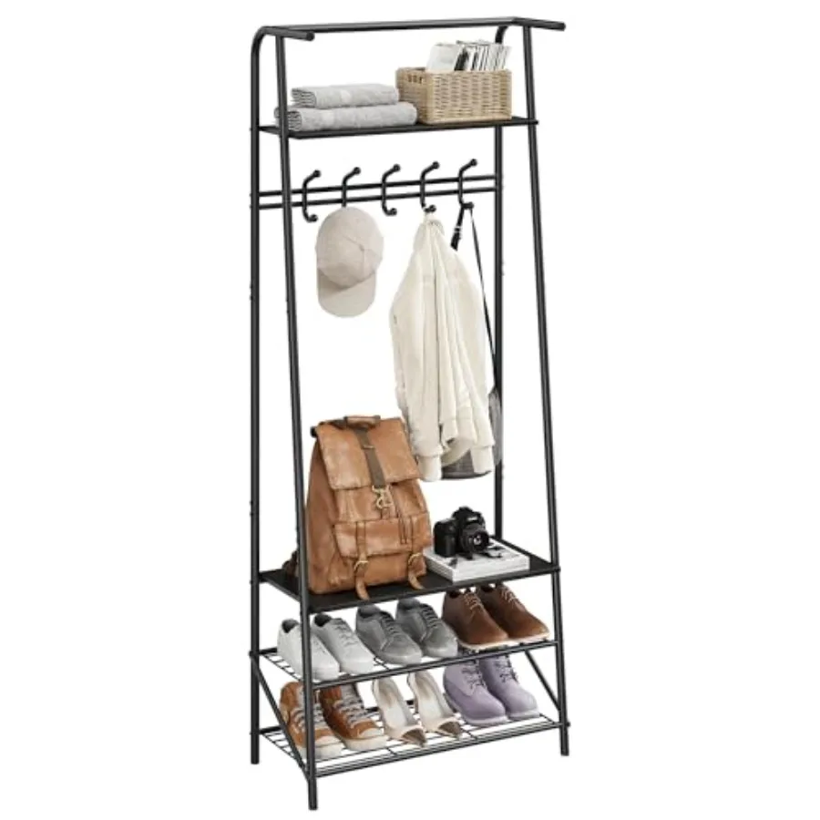 

4-In-1 Hall Tree Coat Rack Shoe Bench with 5 Hooks and 4-Tier Shelf Metal Frame Wood Look Entryway Organizer Multifunctional St