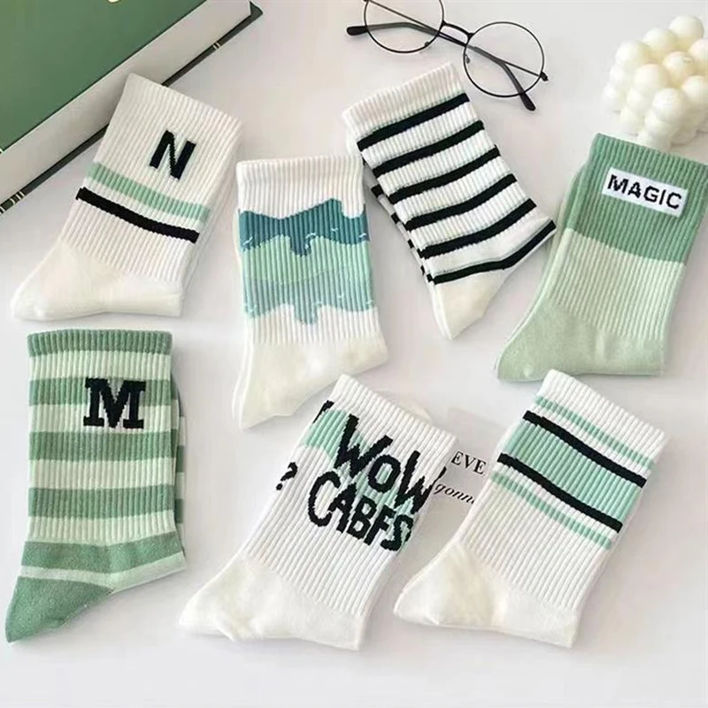 3/7 Pairs Women Striped Printed Mid Tube Socks Spring Summer Breathable Fashionable Letter Printed Street Style Casual Socks