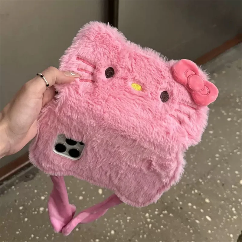 Luxury Plush Phone Hello Kitty What About Cashmere Wool Warmth Handbag Phone Case For iPhone 13 14 15 16 Pro Max Flip KT furry