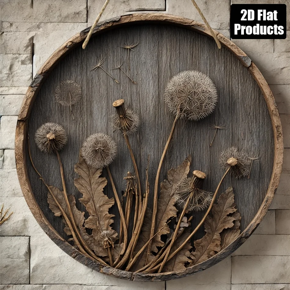 2D Flat, 1pc, Round Wooden Board Decorative Painting Sign Plaque, Dandelion Theme, Suitable for Bar Kitchen Cafe Home Room Livin