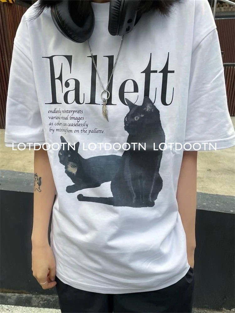 LOTDOOTN Cotton Vintage Short-sleeved T-shirt Y2K American Kitten Print Retro T Shirt Women Summer Hip Hop Tees Harajuku T-shirt