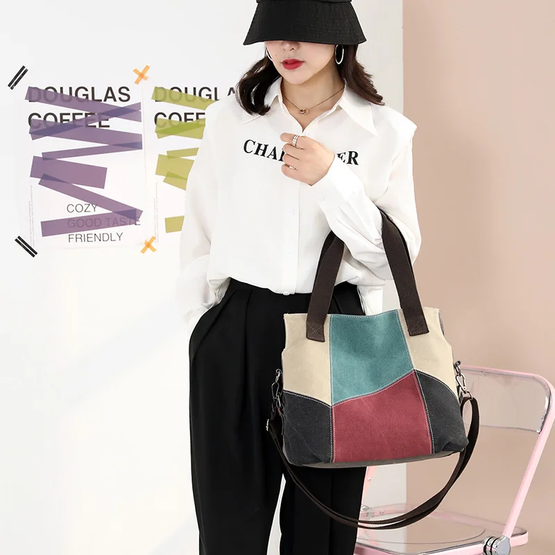 Checkered patchwork color-blocking canvas handbag, large-capacity zipper, multi-functional single-shoulder tote women's bag