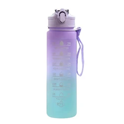 Botella de agua deportiva de 750ml con escala de tiempo, botella de agua deportiva portátil con gradiente para exteriores, taza con pajita para fitness