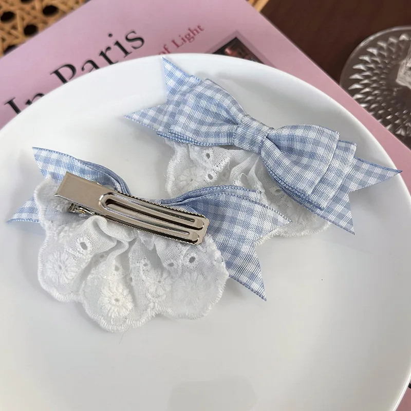 Blue Plaid Lace Bow Hair Clips Girls Cute Sweet Duckbill Clip Party Hair Accessories