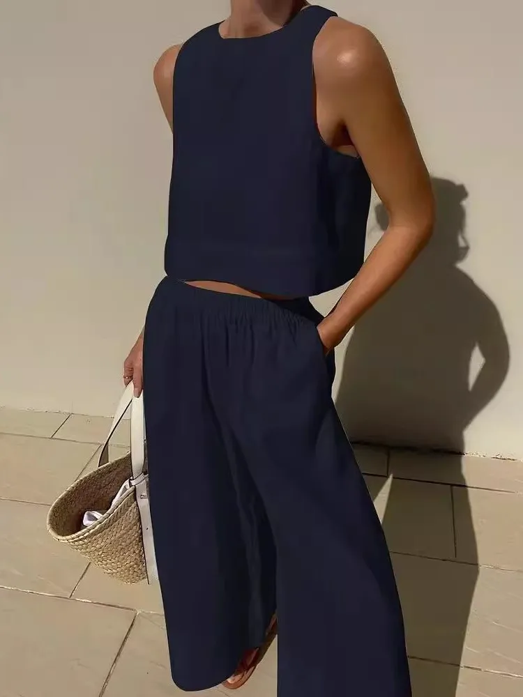 Womens Summer 2 Piece Set Sleeveless Tank Top Wide Leg Pants Loose Linen Outfits Solid Color Lounge Matching Trousers Sets