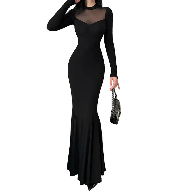 Vintage Paneled Back Sheer Black Bodycon Mermaid Dress Sexy Elegance Backless Slim-fit Ruched Long Party Gown Autumn Trend