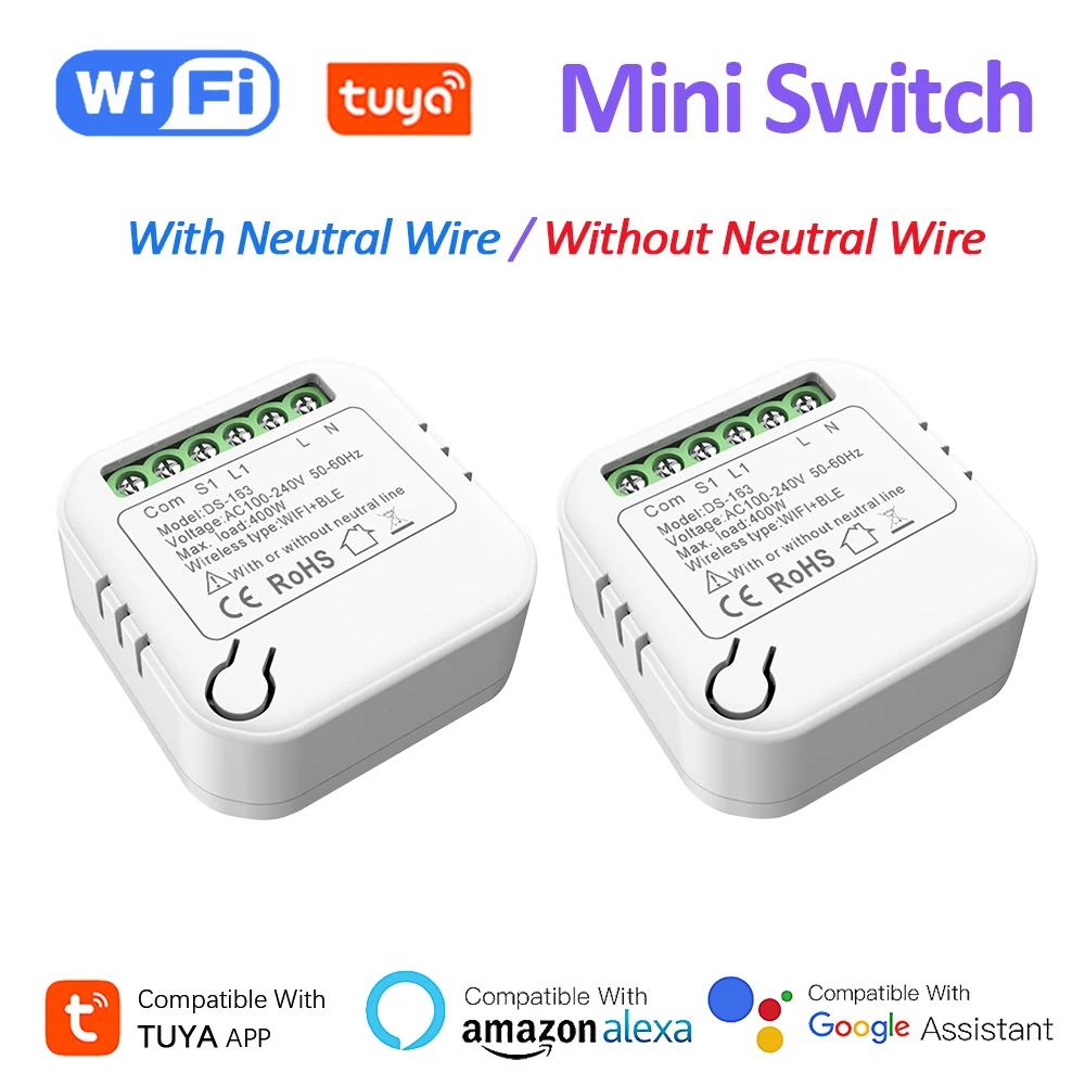 Tuya Smart Switch WiFi Mini Size Without / With Neutral Wire Version APP Remote Timing DIY Breaker Works With Alexa Google Home